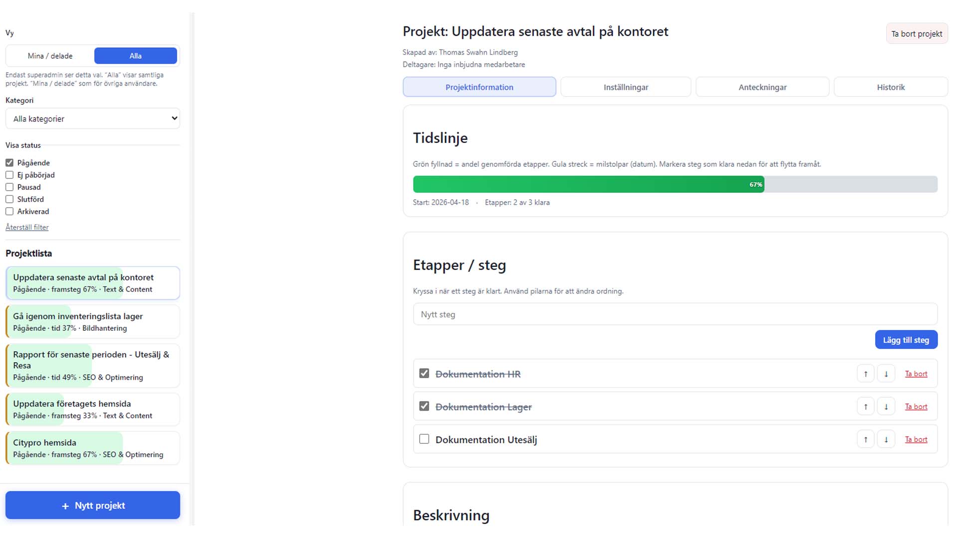 Visuell projektplanerare för samarbete mellan kollegor
